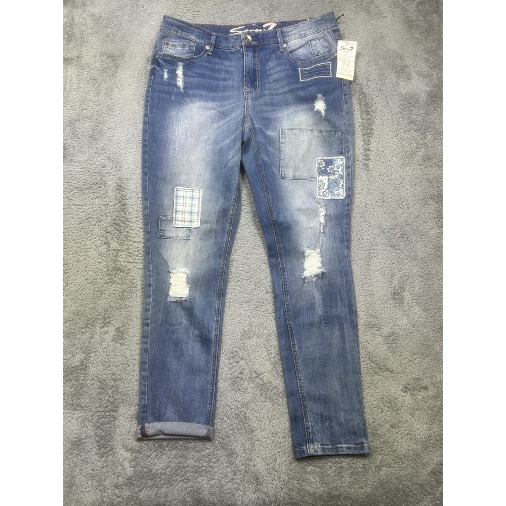 Seven7 Jeans Women 10 Girlfriend Distressed Medium Wash Stretch Casual Patch NEW
